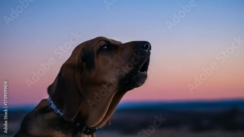 Hound dog howling against a vibrant twilight sky, capturing animal communication and instinct in nature