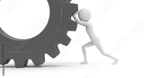 A 3D person pushing a large gear, a powerful business concept of effort, innovation, and driving progress forward