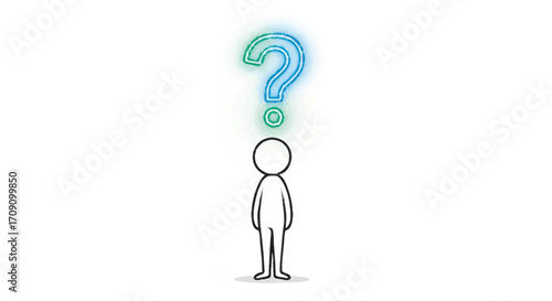 A simplified illustration of a stick figure with a glowing question mark above its head, symbolizing confusion or inquiry