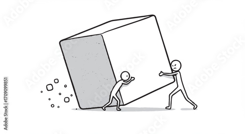 Two people working together to push a large cube uphill, symbolizing teamwork and overcoming challenges