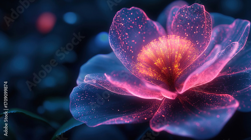 Digital Blossom with Neon Glow and Cyber Hologram Background