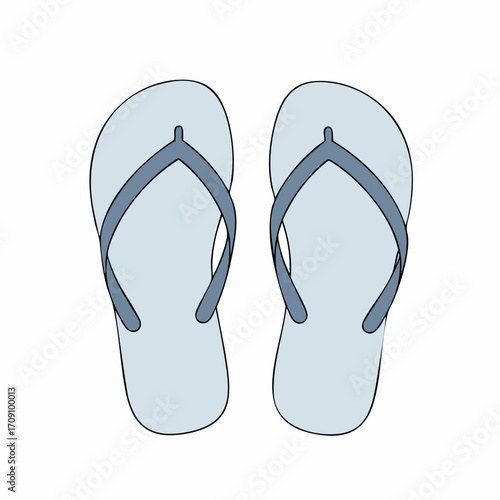 Pair of light blue flip-flops with dark blue straps, summer footwear