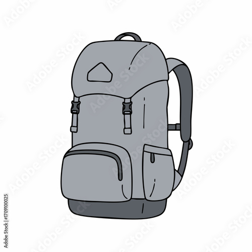 Gray Hiking Backpack with Buckles and Pockets, Hand-Drawn Style