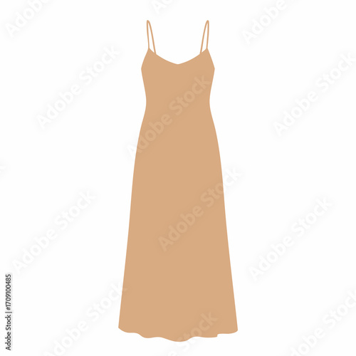 Elegant Beige Slip Dress with Delicate Spaghetti Straps, Minimalist Design.
