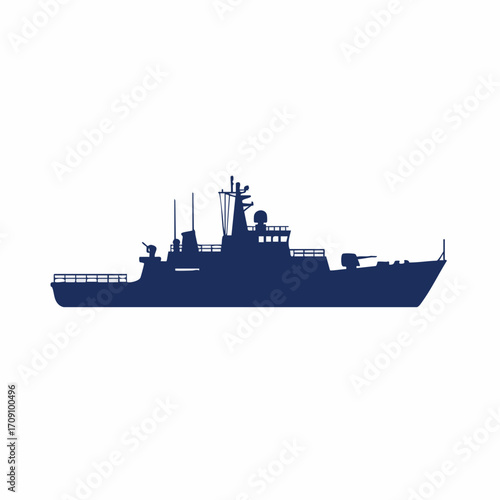 Navy blue silhouette of a modern warship with radar and gun turrets