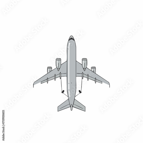 Overhead View of a Detailed Gray Airplane with Four Engines and Wings