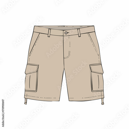 Khaki Cargo Shorts Technical Flat Sketch with Flap Pockets and Drawstrings