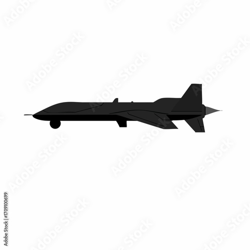 Sleek black military drone with sharp aerodynamic design and pointed tail fins