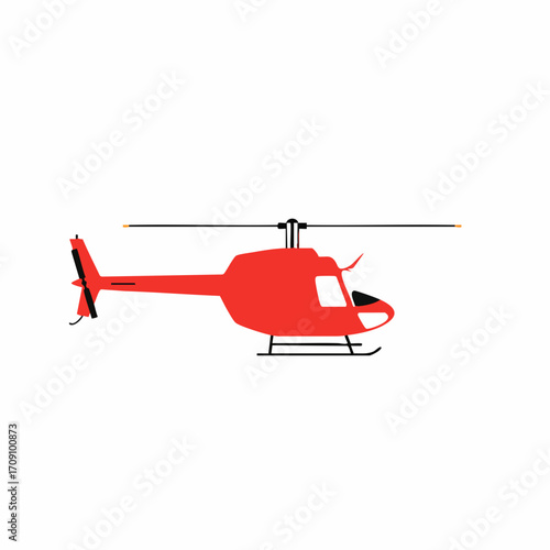 Bright Red Helicopter with Black Rotors and Skids Isolated on White