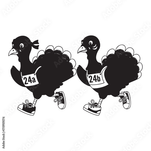 Cartoon Running Turkeys - Funny Thanksgiving Turkey Trot Race Illustration