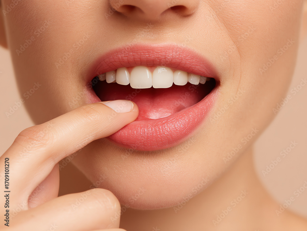 Obraz premium Close-up of a person with natural lips gently touching their lower lip with a finger, showcasing smooth skin and white teeth in a soft, neutral setting