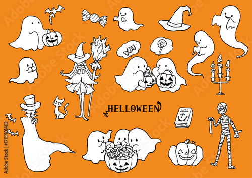 手描きのハロウィン白黒セット