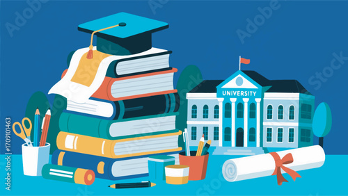 Illustration Of A Stack Of Books With A Graduation Gown On Top Vector Design Template