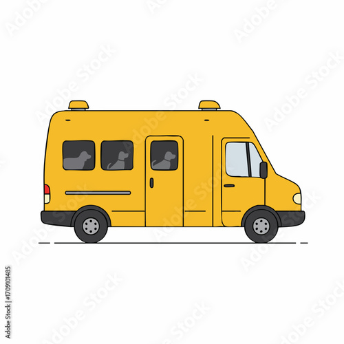 Yellow Van with Silhouetted Dogs in Windows, Cartoon Style Illustration