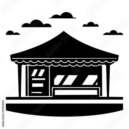 A stylized black and white illustration of a market stall or small shop with a peaked roof, awning, and display windows, set against a backdrop of stylized clouds.