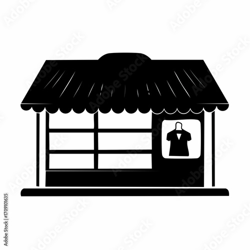 A simple black and white illustration of a storefront with a display window showcasing a garment.