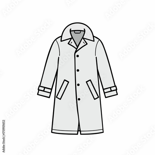 Stylized Light Gray Trench Coat with Dark Buttons and Angled Pockets