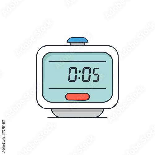 Stylized Digital Alarm Clock Displaying 0:05 with Blue and Red Accents
