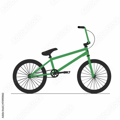 Green BMX Bicycle with Black Wheels and Seat, Side View.