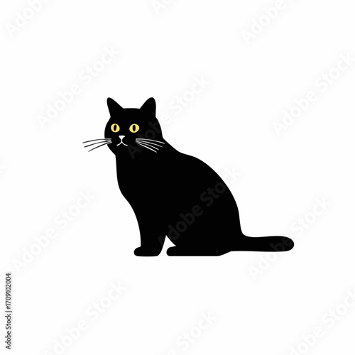 Simple Black Cat with Yellow Eyes Sitting and Observing