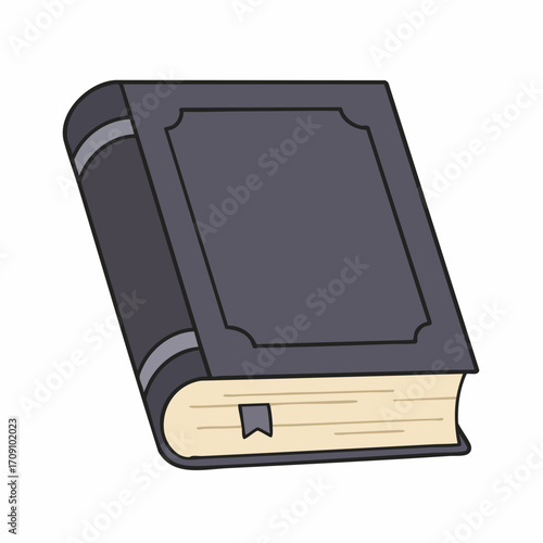 Illustrated hardcover book with a dark cover and a ribbon bookmark