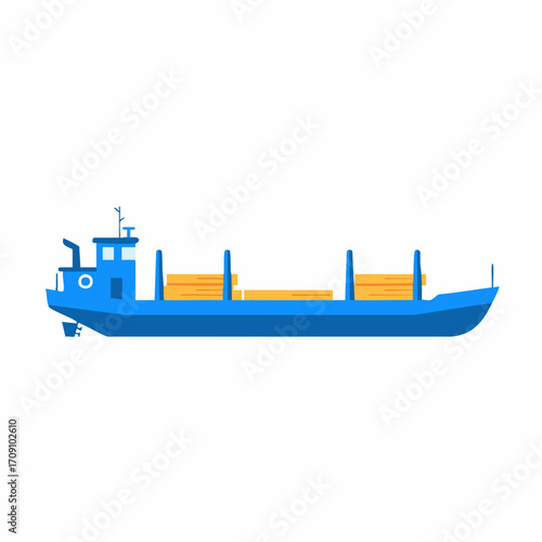 Side View of a Blue Cargo Ship Loaded with Timber