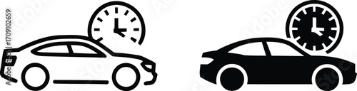 Illustrations of Car Rental Duration Concepts with Vehicle and Clock Icons Depicting Time Based Automotive Services and Transportation Availability Solutions