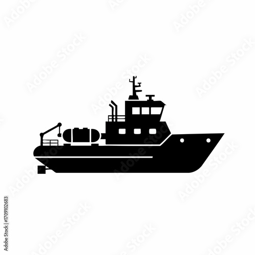 Silhouette of a Detailed Vessel with Antenna and Crane on Deck