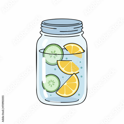 Refreshing Infused Water: Cucumber and Lemon Slices in a Glass Jar Illustration