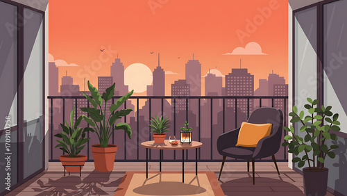 Minimalist Balcony with City View - Urban Lifestyle Illustratio
