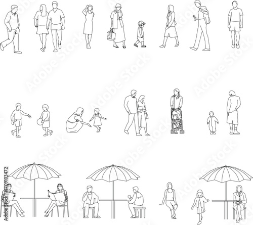 A black and white outline vector set of families engaged in various activities together, from playing to outdoor adventures.