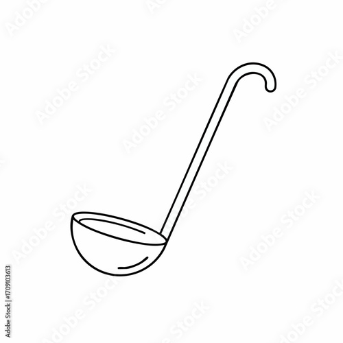 Simple Black Outline of a Kitchen Ladle with Curved Handle