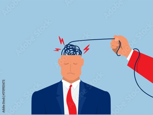 Hand giant Businessman untangle a tangled messy knot (string, line)on human head Stress burden, anxiety from work difficulty and overload vector