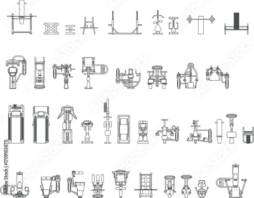 A clean black and white outline vector set of fitness equipment for home and gym workouts, with clear scalable outlines.