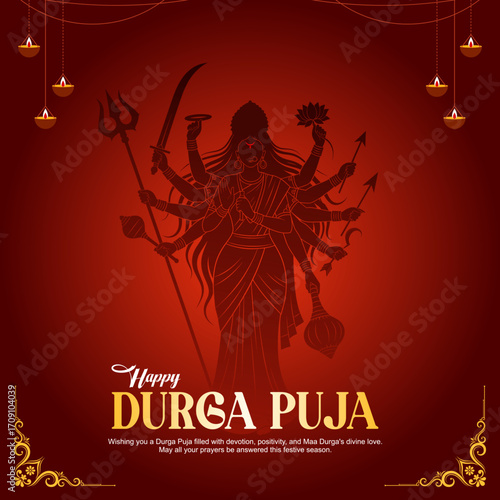 Happy Durga Puja banner with Goddess Durga illustration on a red background.