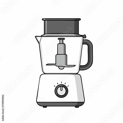 Cartoon food processor with a white base, clear container, and gray accents