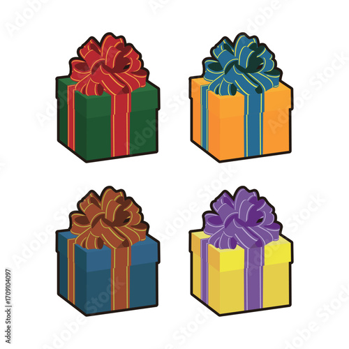 four gift boxes with colorful ribbons tied on top