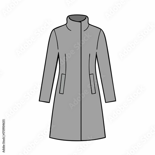 Grey High Neck Long Sleeve Women's Coat Technical Fashion Flat Sketch