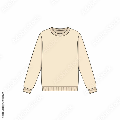 Cream-colored Crewneck Sweater Illustration with Ribbed Cuffs and Collar