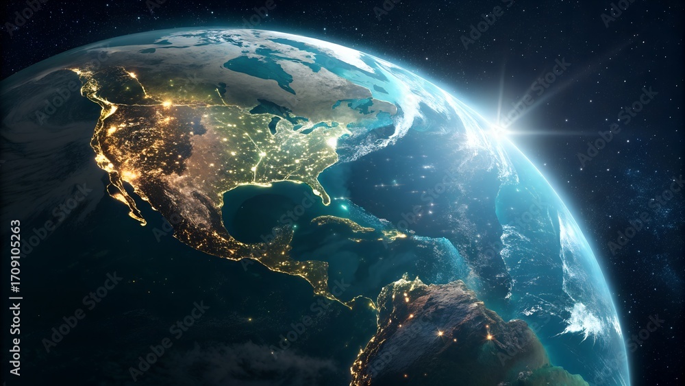 Obraz premium The vast Earth orbits in deep space, with a brilliant sun rising over its curved horizon, illuminating the planet's surface.