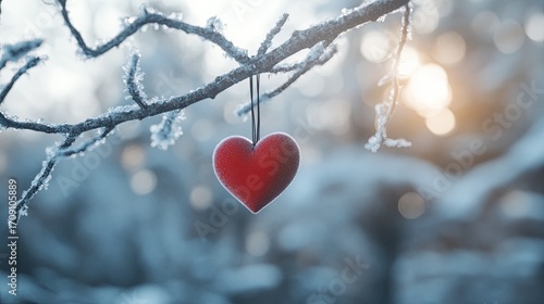 Red heart ornament winter scene