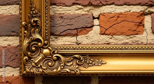 Ornate gold picture frame with elaborate carvings against a weathered brick wall.