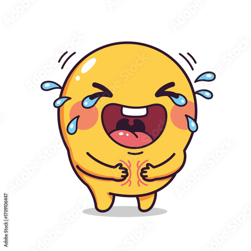A cute yellow emoji character laughing hysterically with tears of joy streaming down its face, hands clutching its belly in amusement, on a white background