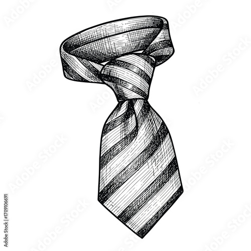 Artistic monochrome illustration of a stylish striped tie, embodying concepts of professional attire, fashion, and classic menswear for modern and vintage designs