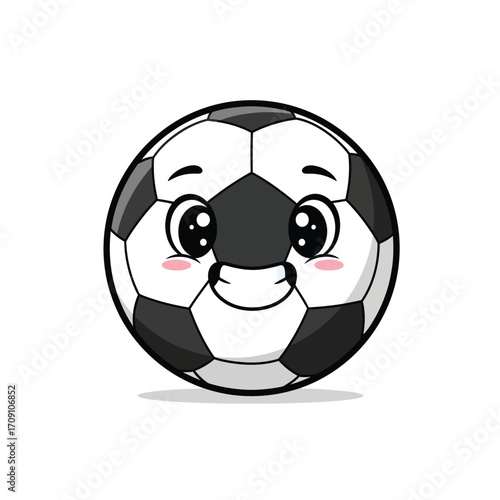 Cute Soccer Ball Cartoon Character with Big Eyes and Smiling Face on White Background