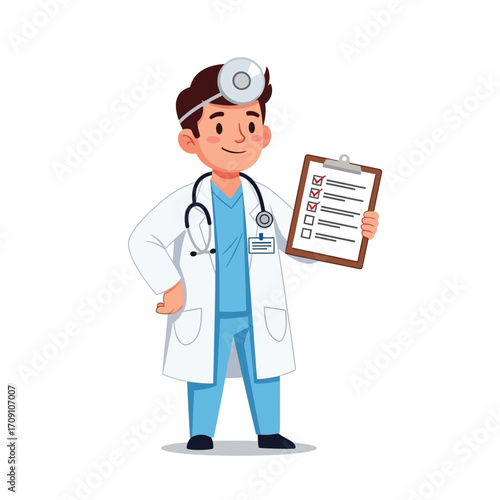 Professional medical doctor character illustration with a completed checklist, symbolizing a successful health examination and diagnosis