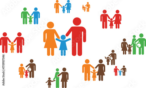 Colorful family icons, parents with children, diversity, parenting, togetherness, community support, childcare, love, unity, abstract people illustration design