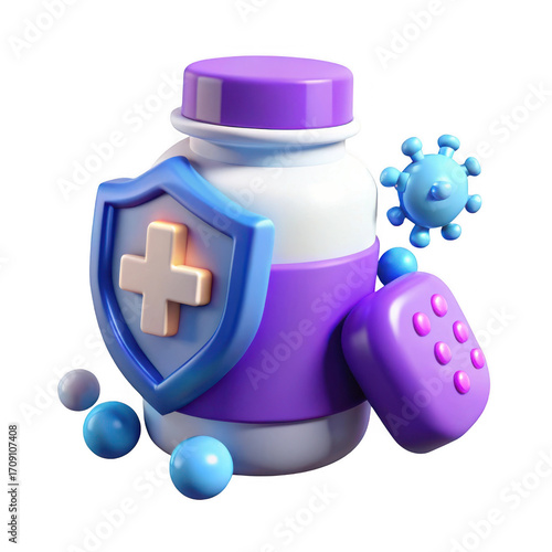 3d rendered pill bottle shield and virus symbolizing health isolated on transparent background