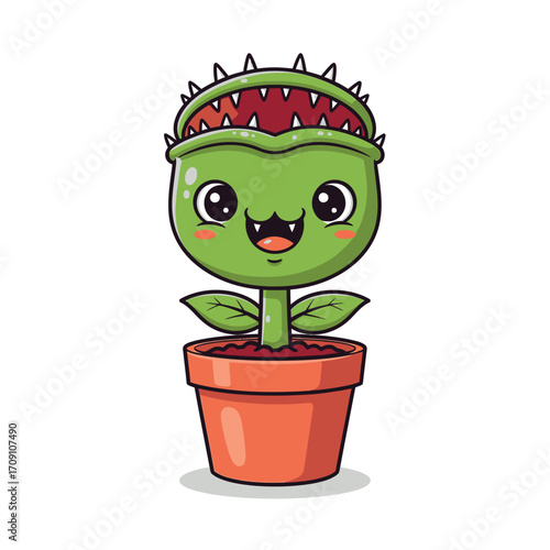 Cute cartoon Venus flytrap character illustration, a happy green carnivorous plant in a pot with a wide friendly smile and sharp teeth, ideal for playful nature designs