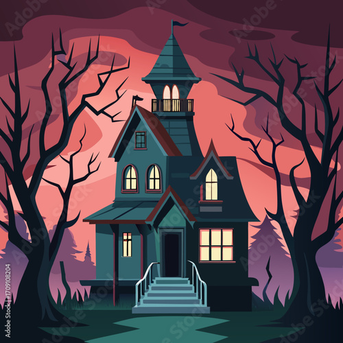 Spooky haunted house with tower surrounded by bare trees against purple-pink sky.
